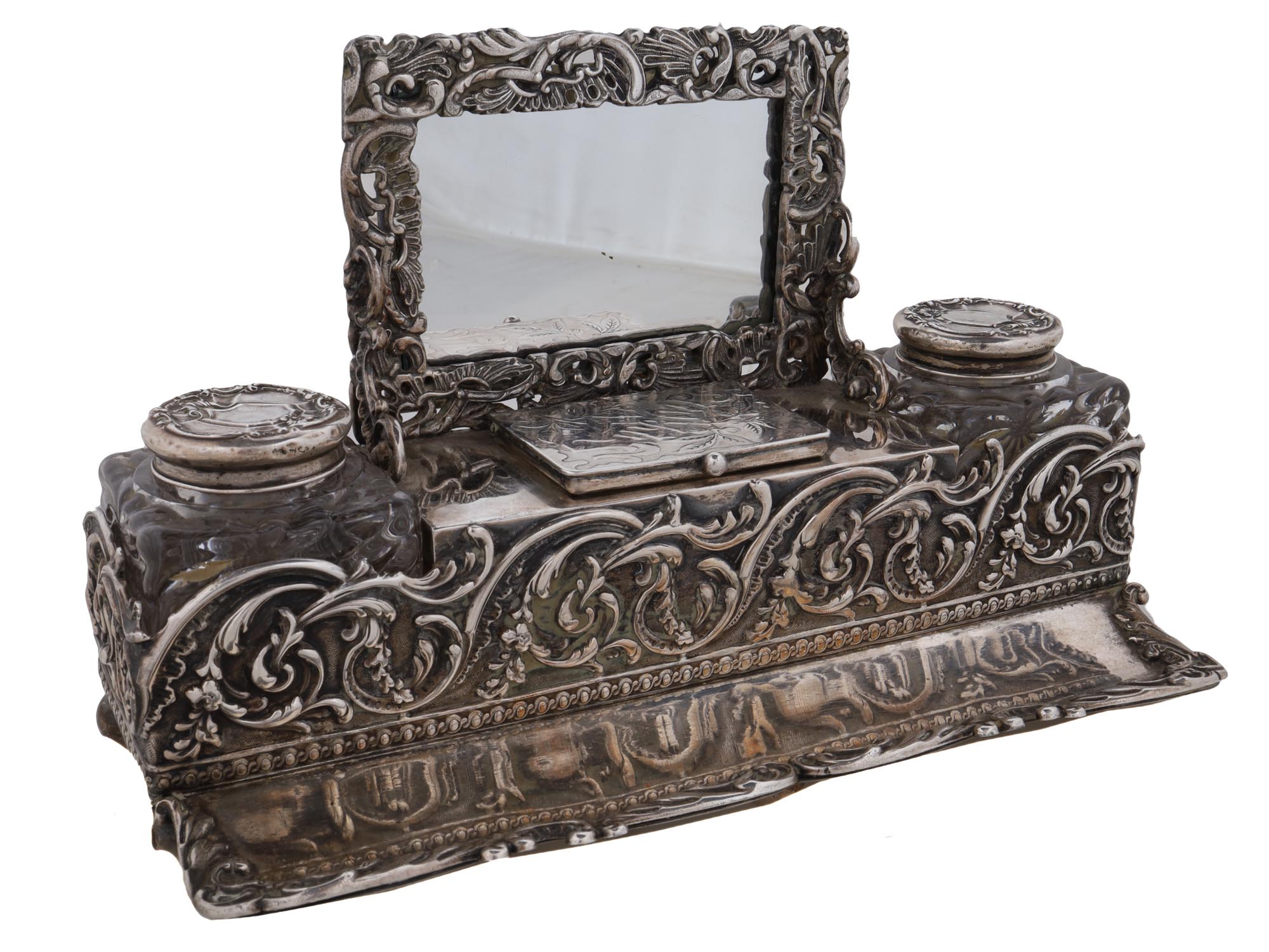 ANTIQUE SILVER AND GLASS INKWELL SET WITH MIRROR PIC-0